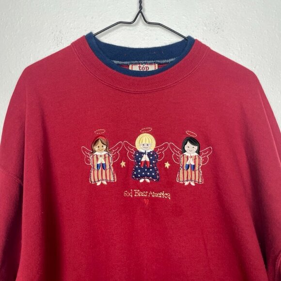 Vintage Top Stich 3x Red Patriotic Double Layered Collar Embroidered Sweatshirt - Picture 3 of 14